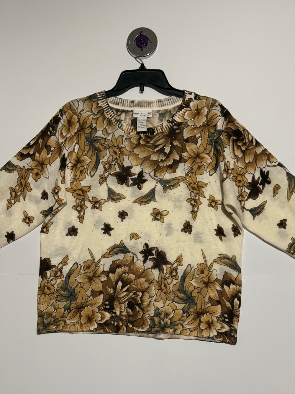 Rebecca Malone Petite Floral Knit Top in Cream and Brown